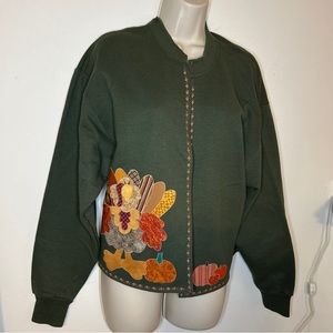 Thanksgiving Fall Cardigan Handmade Appliqué with Turkey and Pumpkins